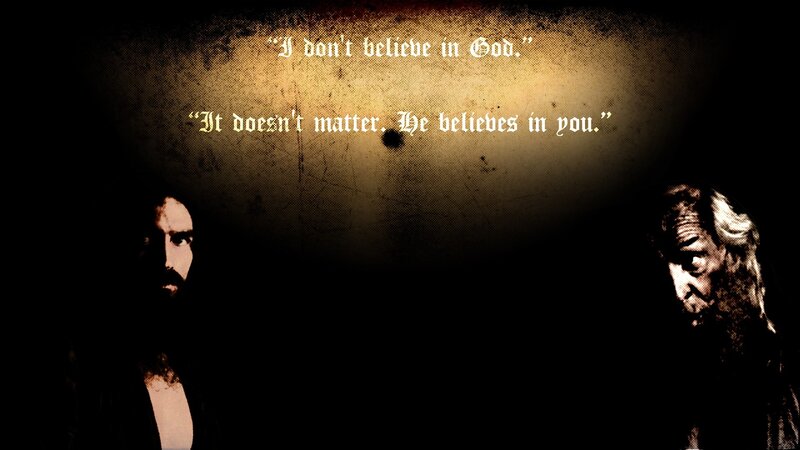 Two Men in Dark Room — Black, Dramatic, Photograph, Text