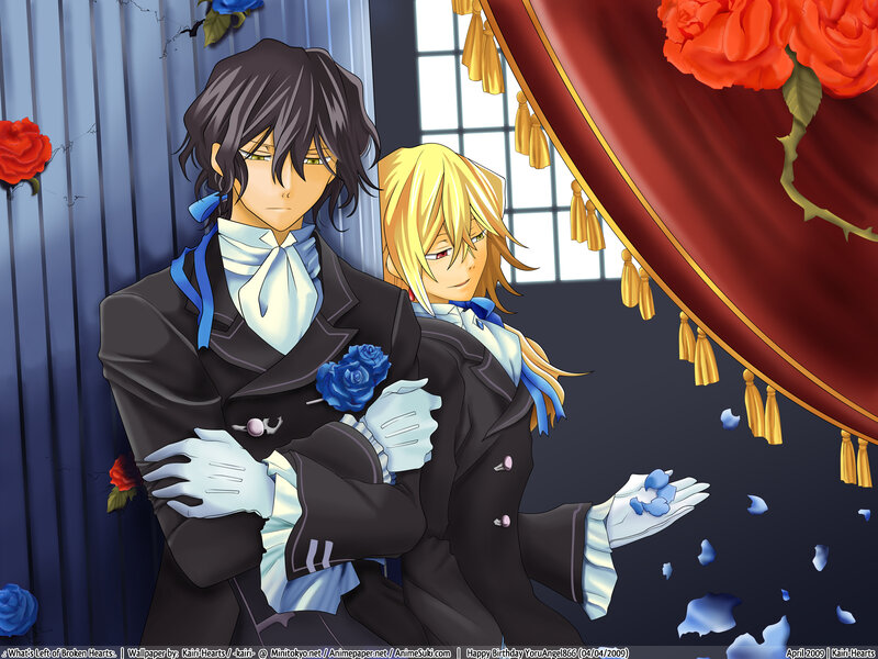 Two men in formal wear with roses