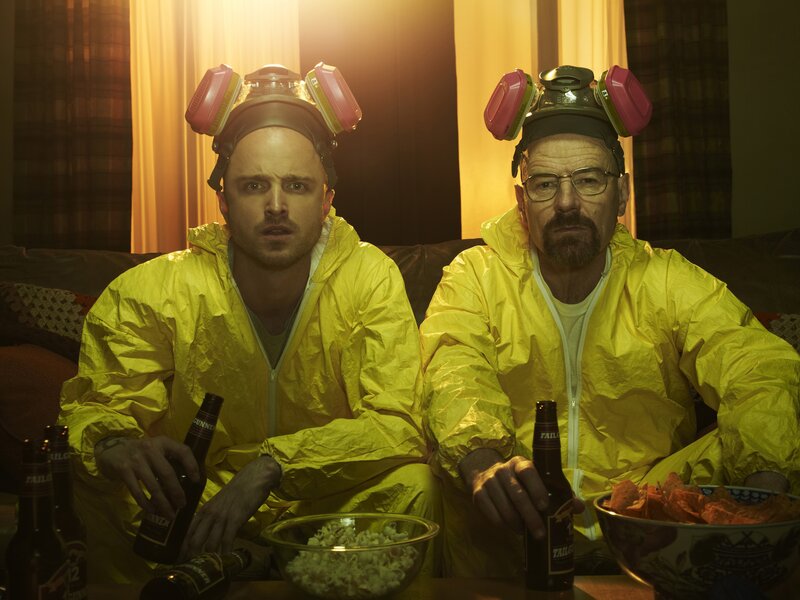 Two Men in Hazmat Suits — Yellow, Dramatic, Night, Photograph, Beer Bottles