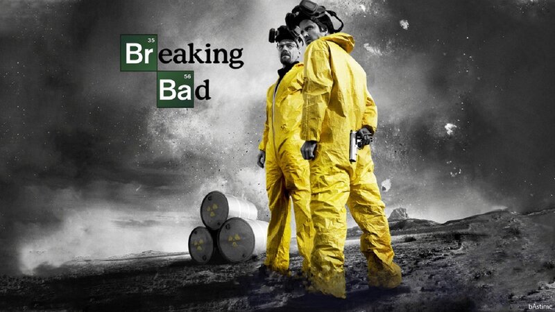 Two Men in Hazmat Suits — Yellow, Dramatic, Photograph, Barrels