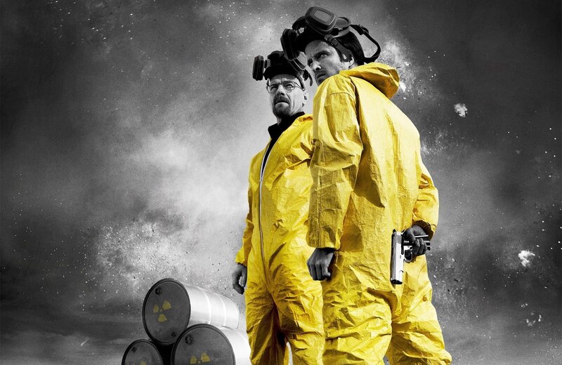 Two Men in Hazmat Suits — Yellow, Dramatic, Photograph