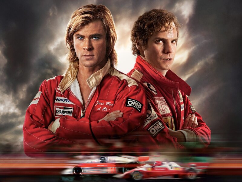 Two Men in Racing Suits — Red, Dramatic