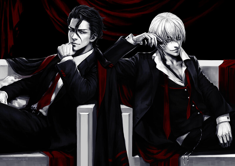 Two Men in Suits — Black, Dramatic, Anime, Red Curtains