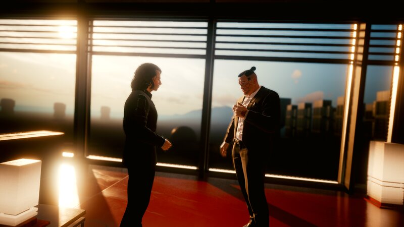 Two Men in Suits — Black, Dramatic, Sunset