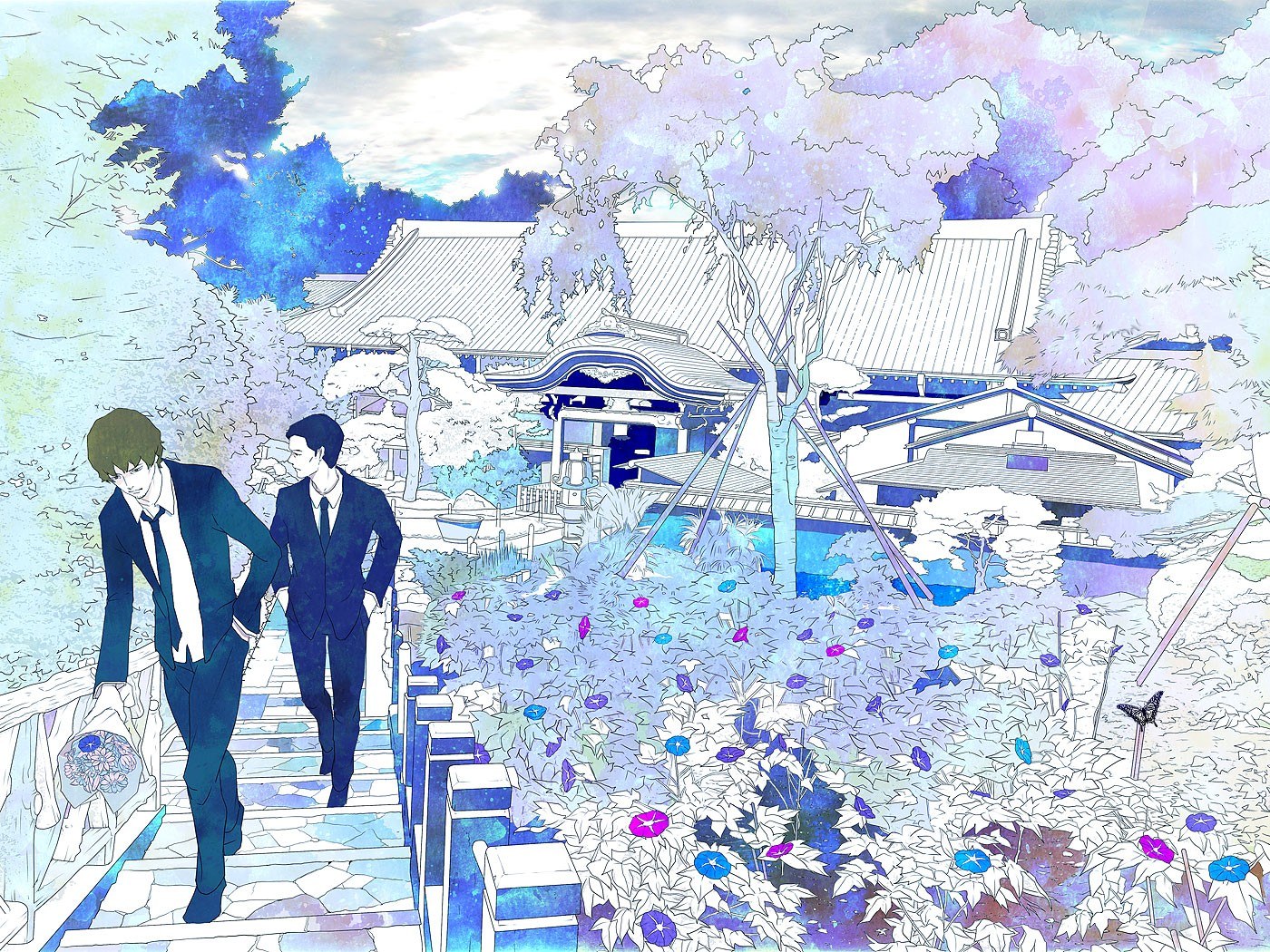 Two men in suits walking through a garden