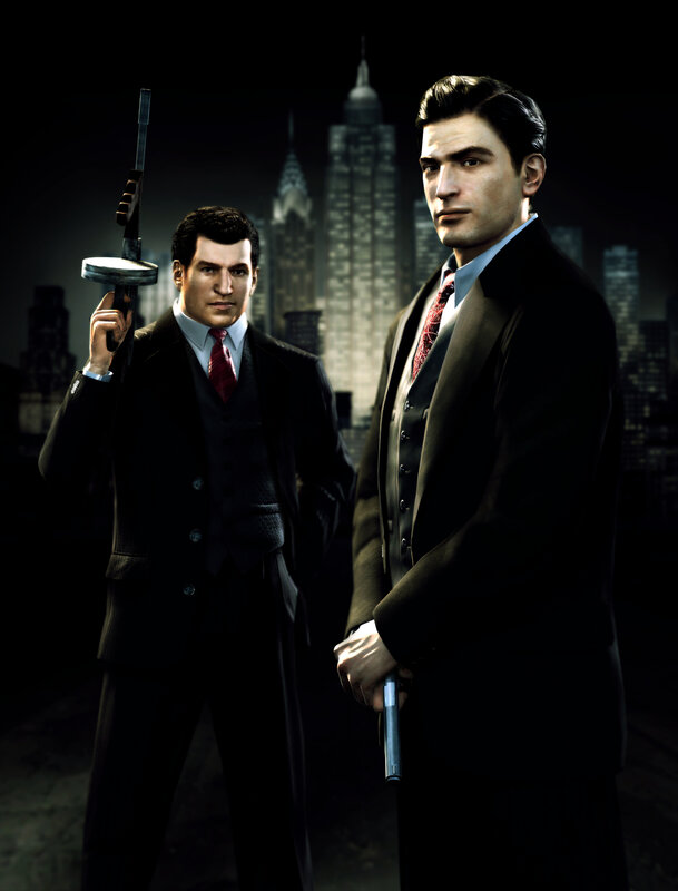 Two men in suits with guns