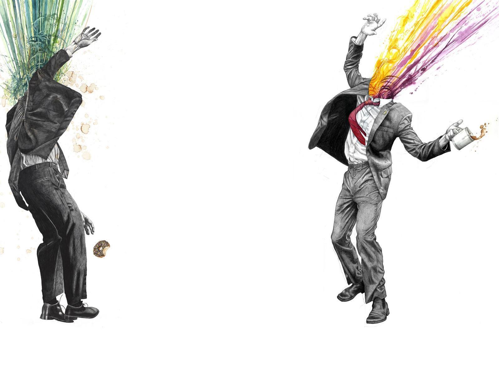 two men in suits with surreal elements