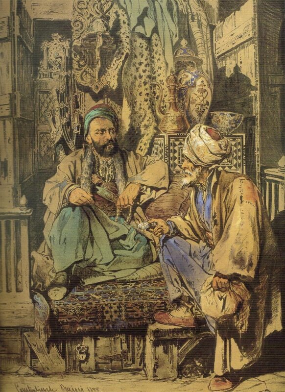 Two Men in Traditional Clothing — Brown, Dramatic, Illustration