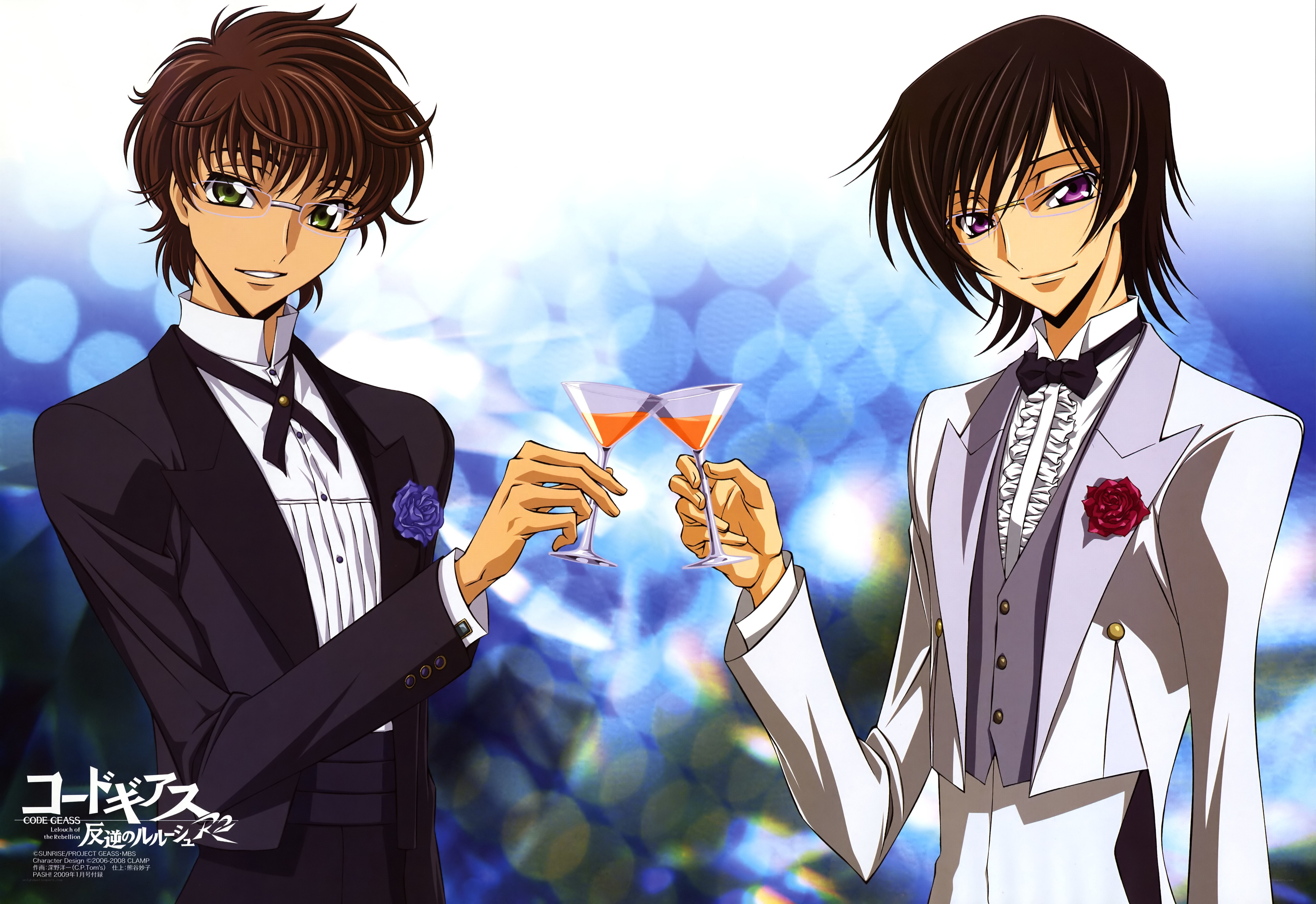 Two men in tuxedos clinking glasses