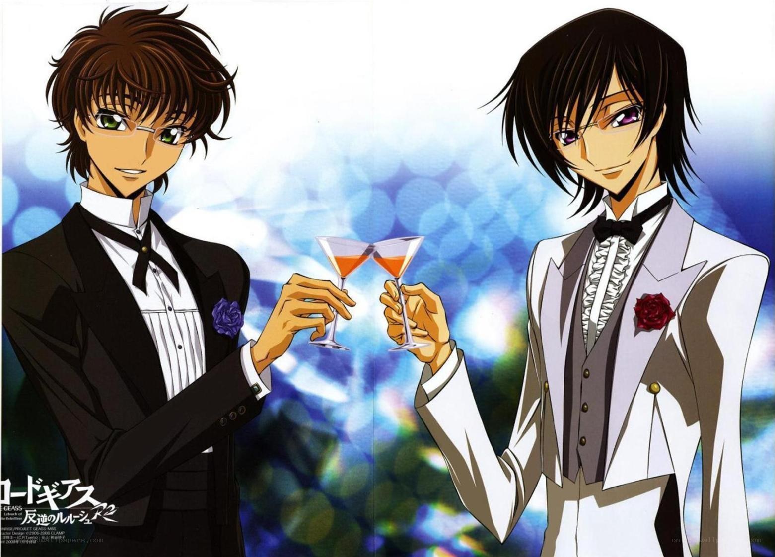 Two men in tuxedos clinking glasses
