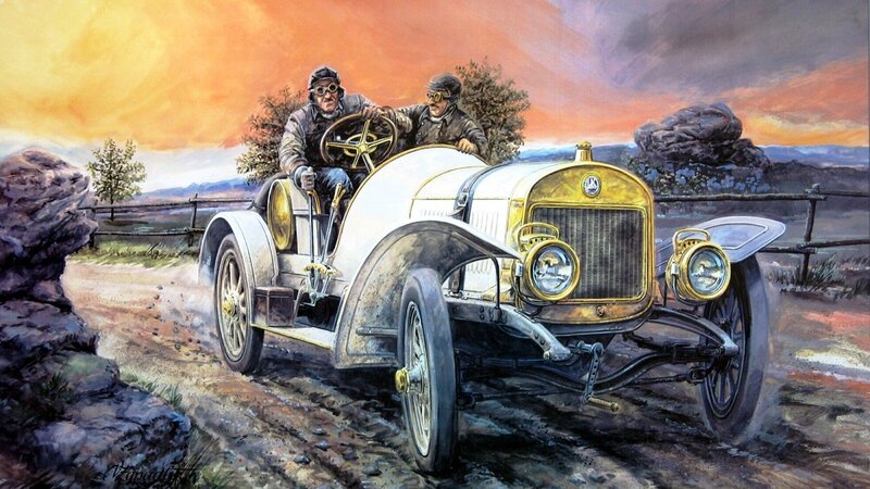 Two Men in Vintage Car — Orange