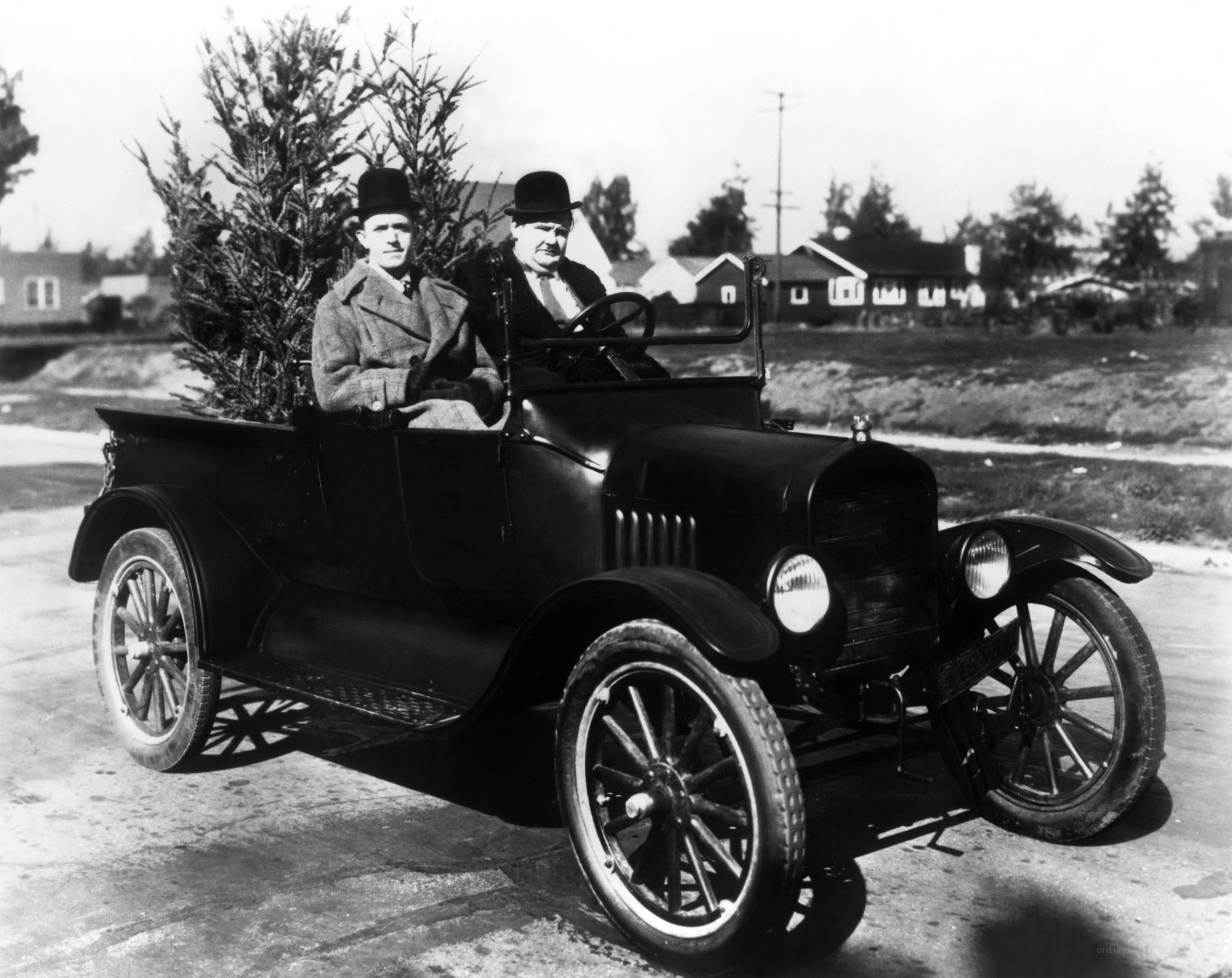 Two men in vintage car with tree