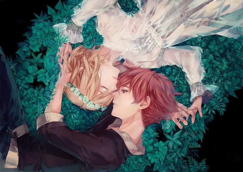 Two Men Kissing in Foliage
