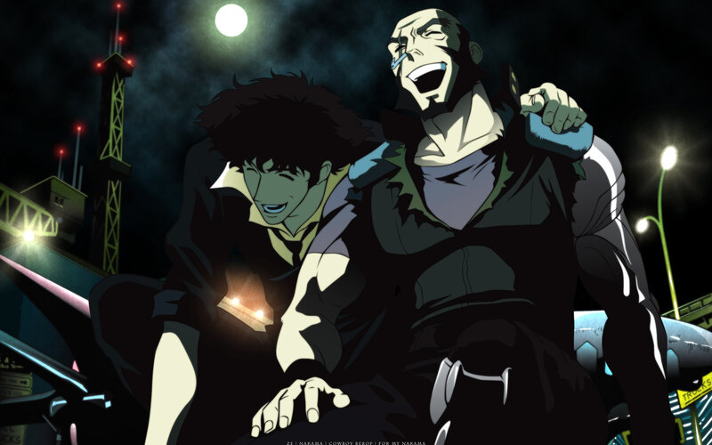 Two Men Laughing at Night — Black, Dramatic, Anime