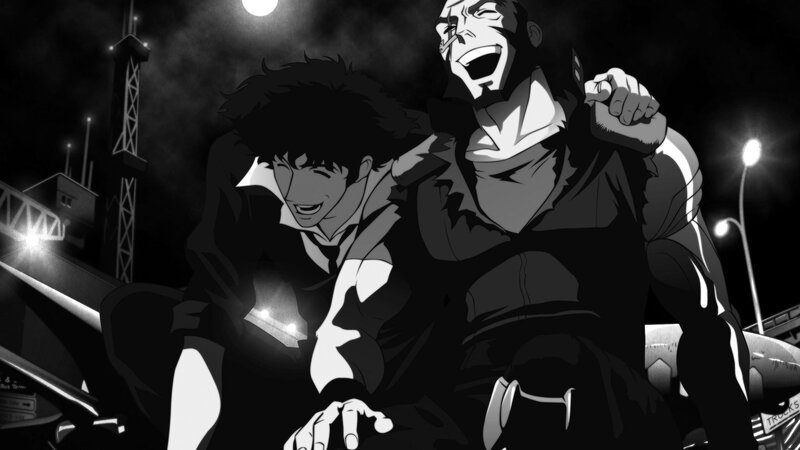 Two Men Laughing at Night — Black, Dramatic