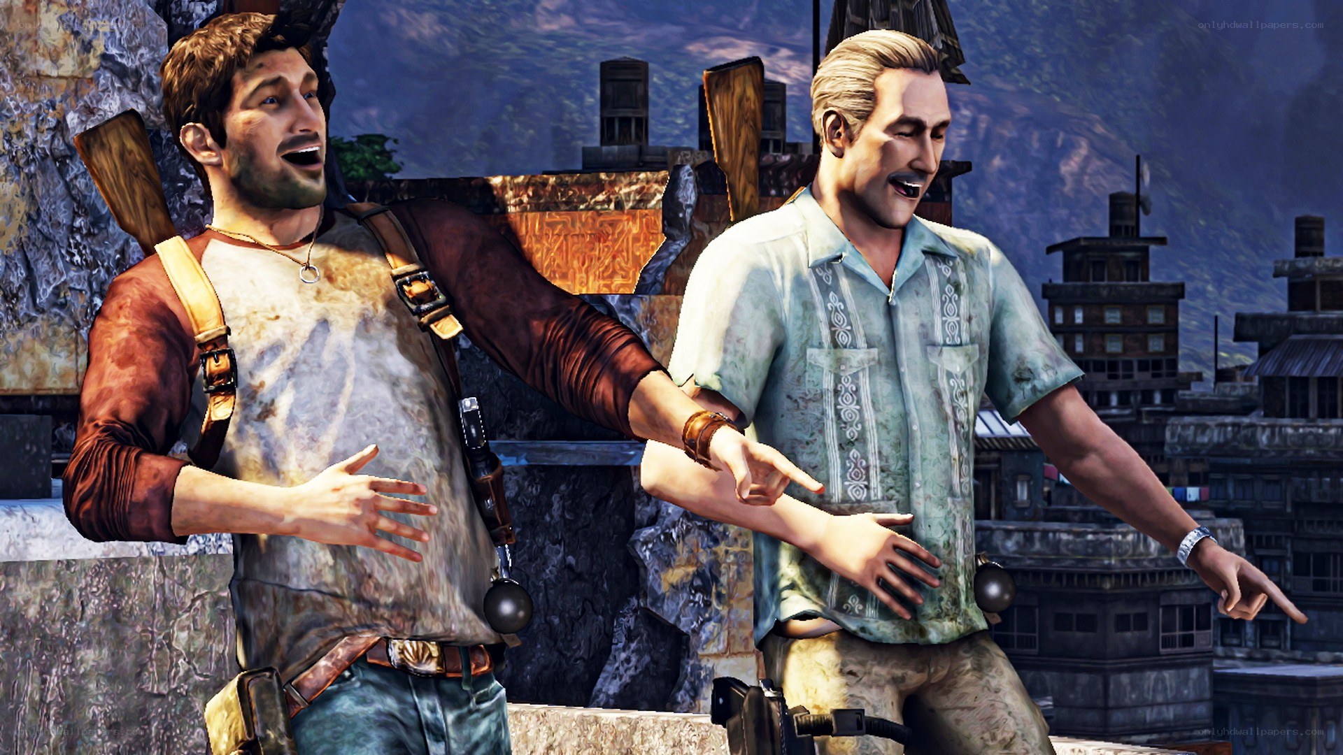 Two men laughing in a game scene
