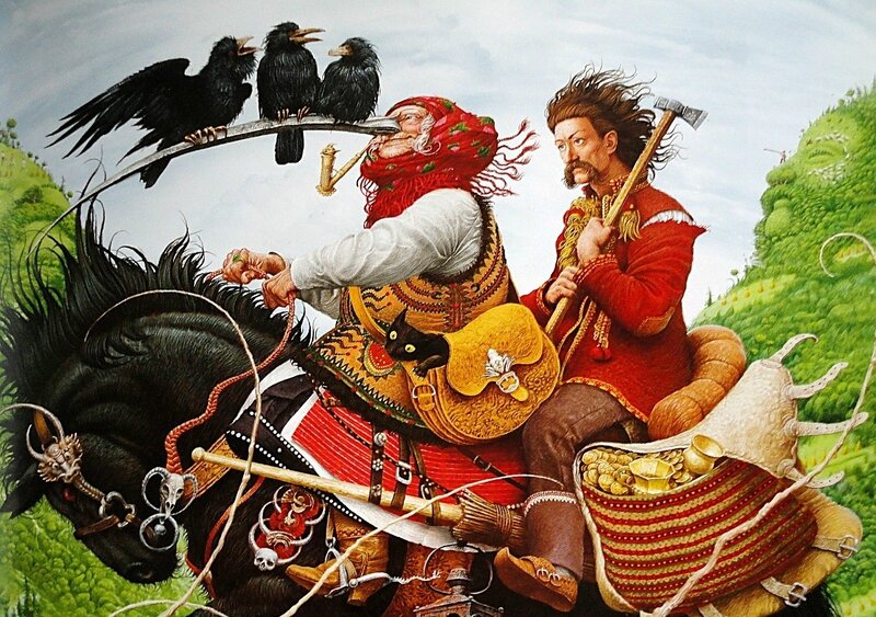 Two men on a horse with crows