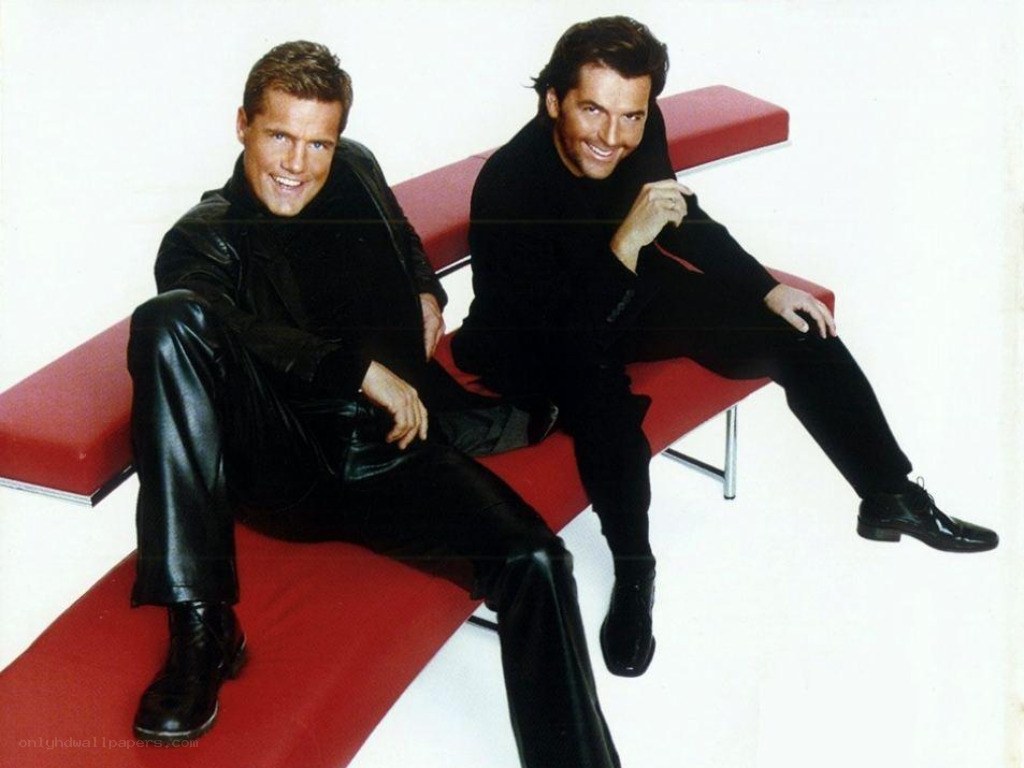 two men on a red bench