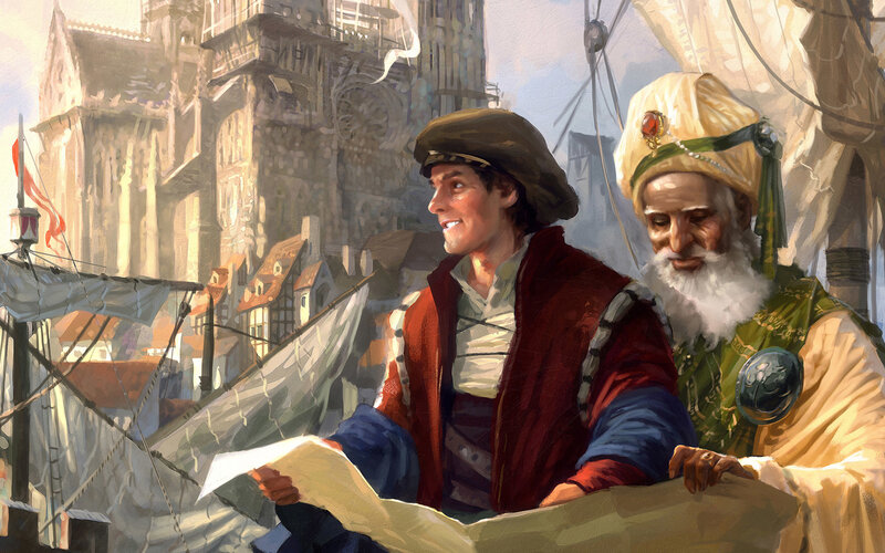 Two men on a ship with city in background