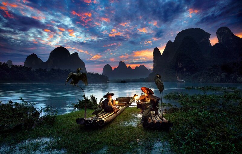 Two Men on Bamboo Rafts