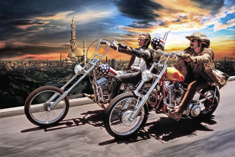 Two Men on Chopper Motorcycles — Blue