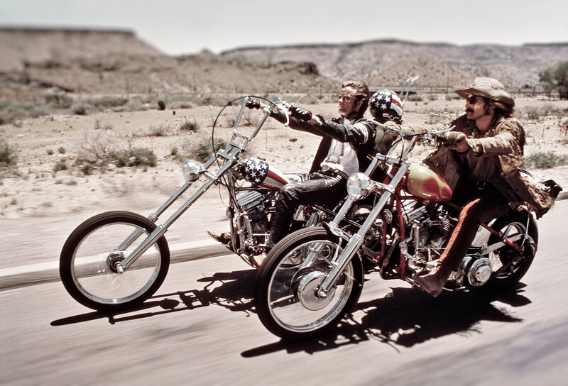 Two Men on Chopper Motorcycles — Brown, Dramatic