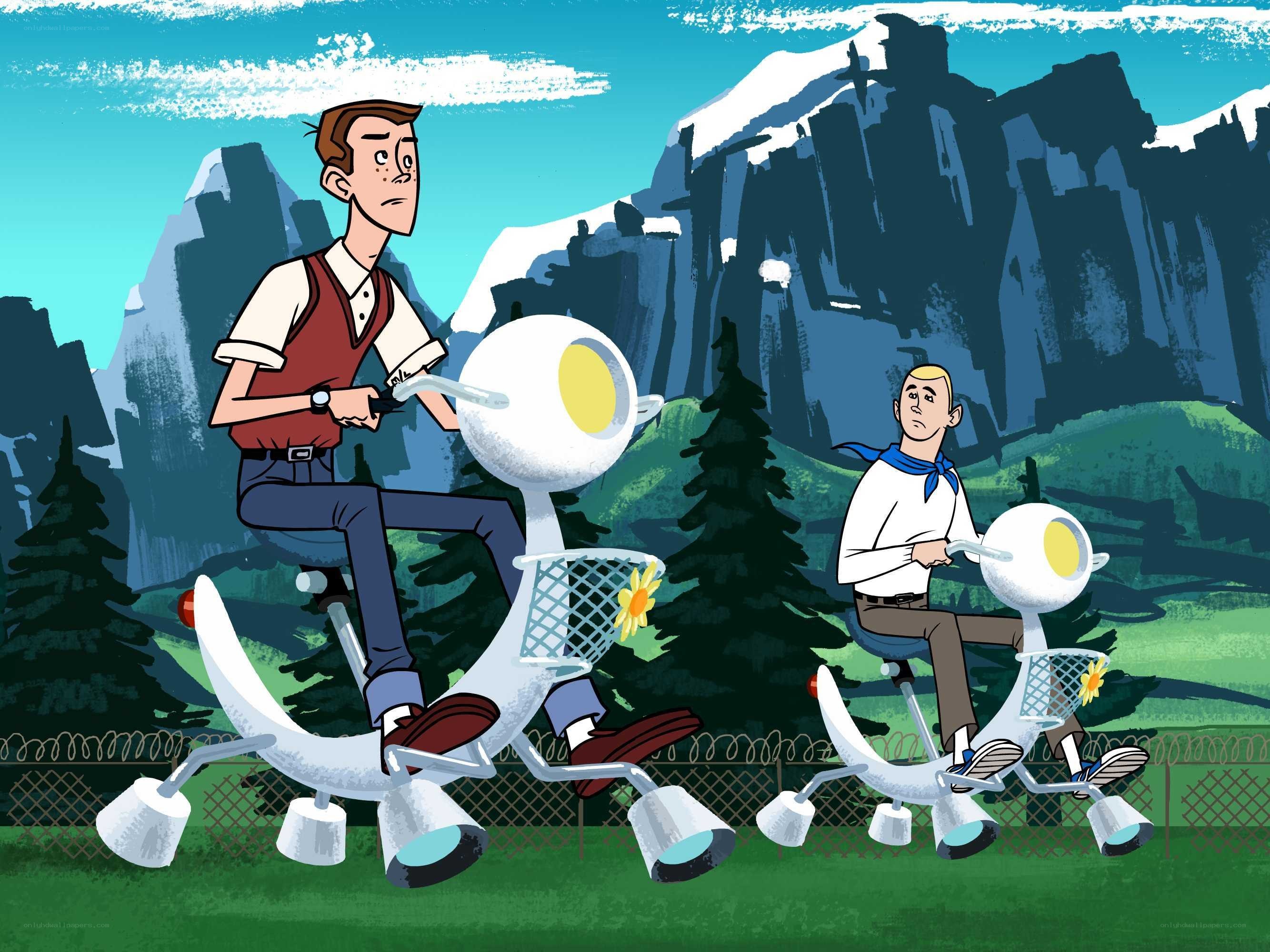 Two men on futuristic bikes