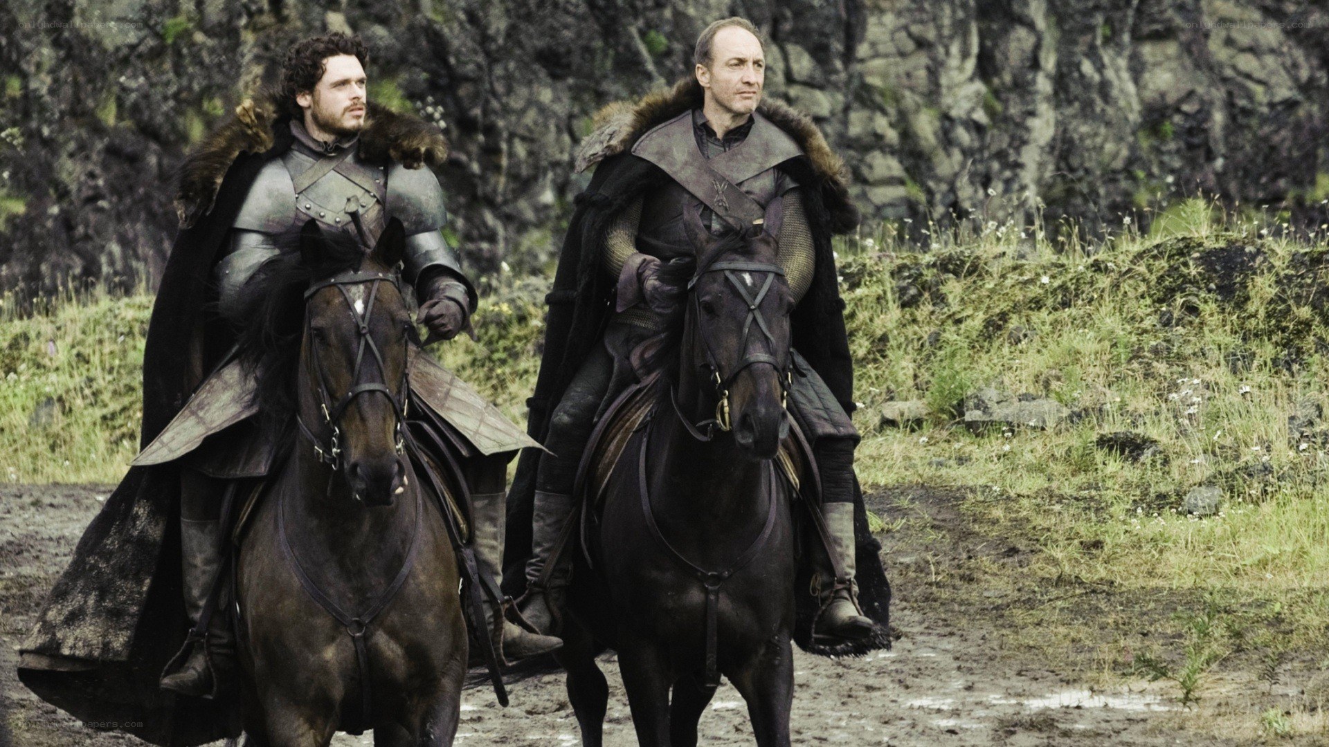 Two men on horseback in armor