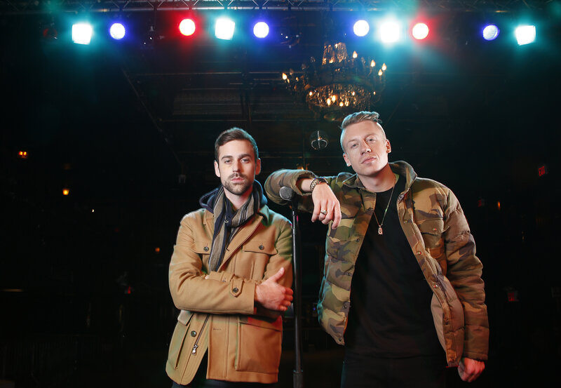 Two Men on Stage — Black, Dramatic, Night, Photograph