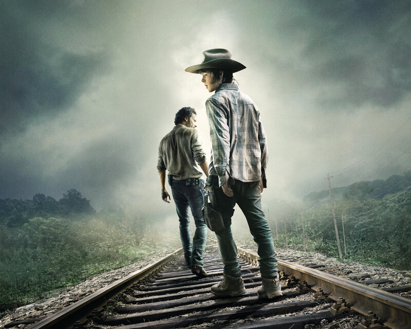 Two Men on Train Tracks — Gray, Dramatic