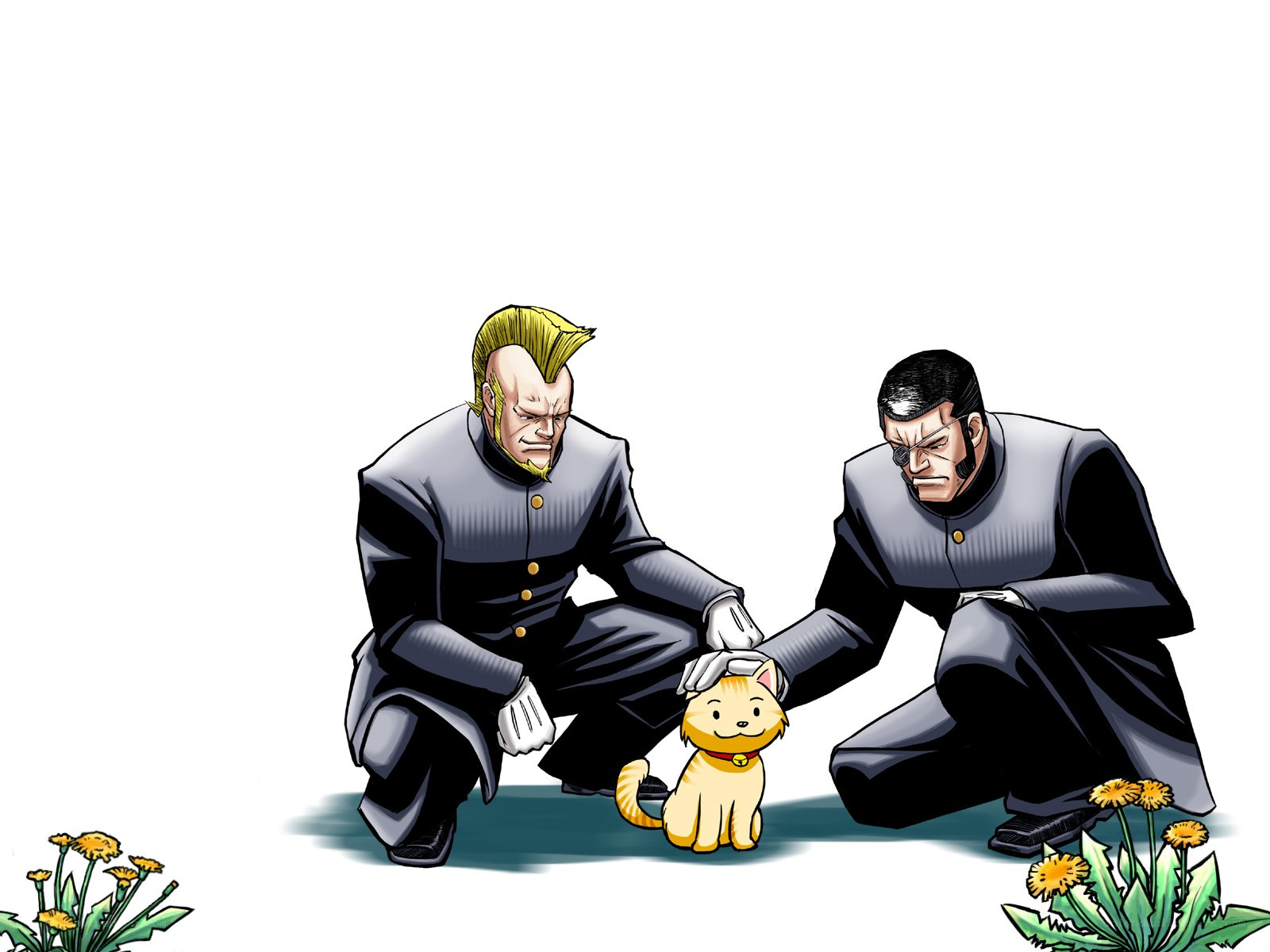 Two men petting a cat