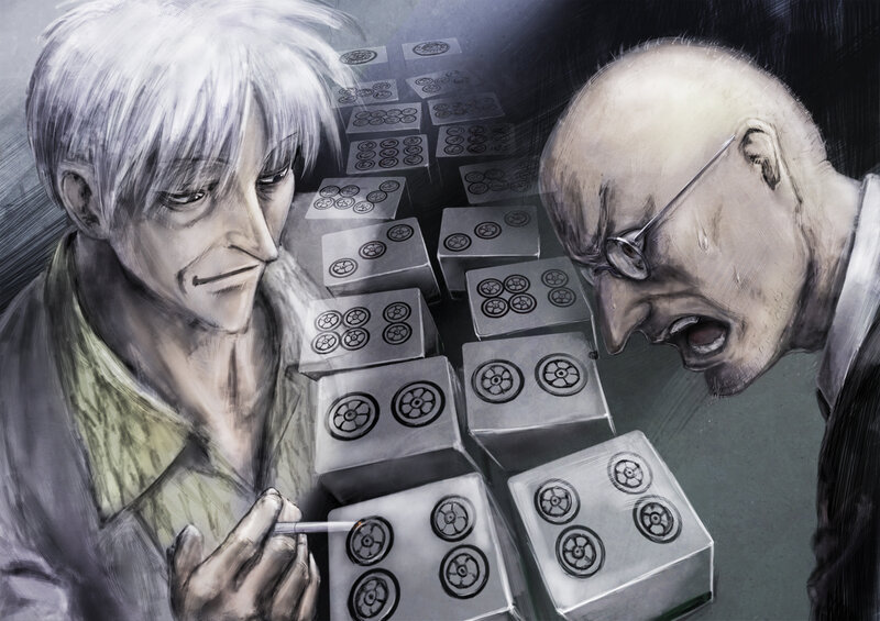 Two men playing mahjong