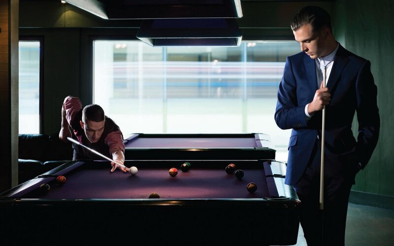 Two Men Playing Pool — Blue, Dramatic