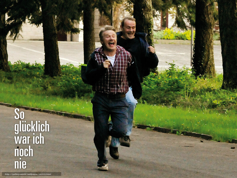 Two men running happily