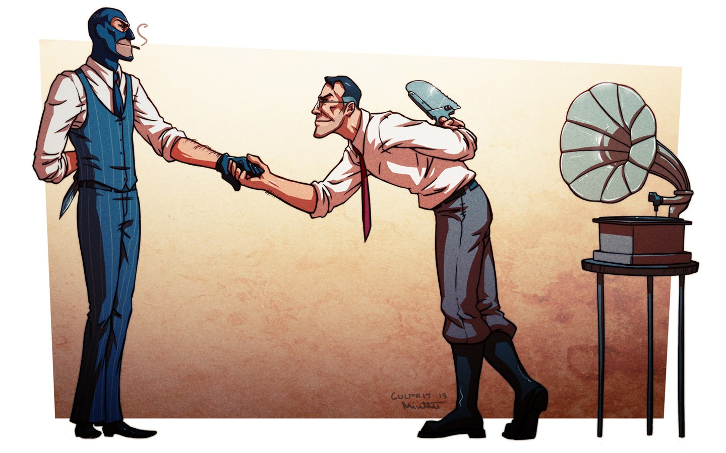 Two men shaking hands with a gramophone