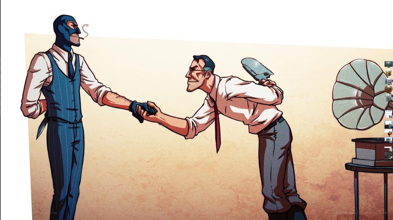 Two men shaking hands with a weapon