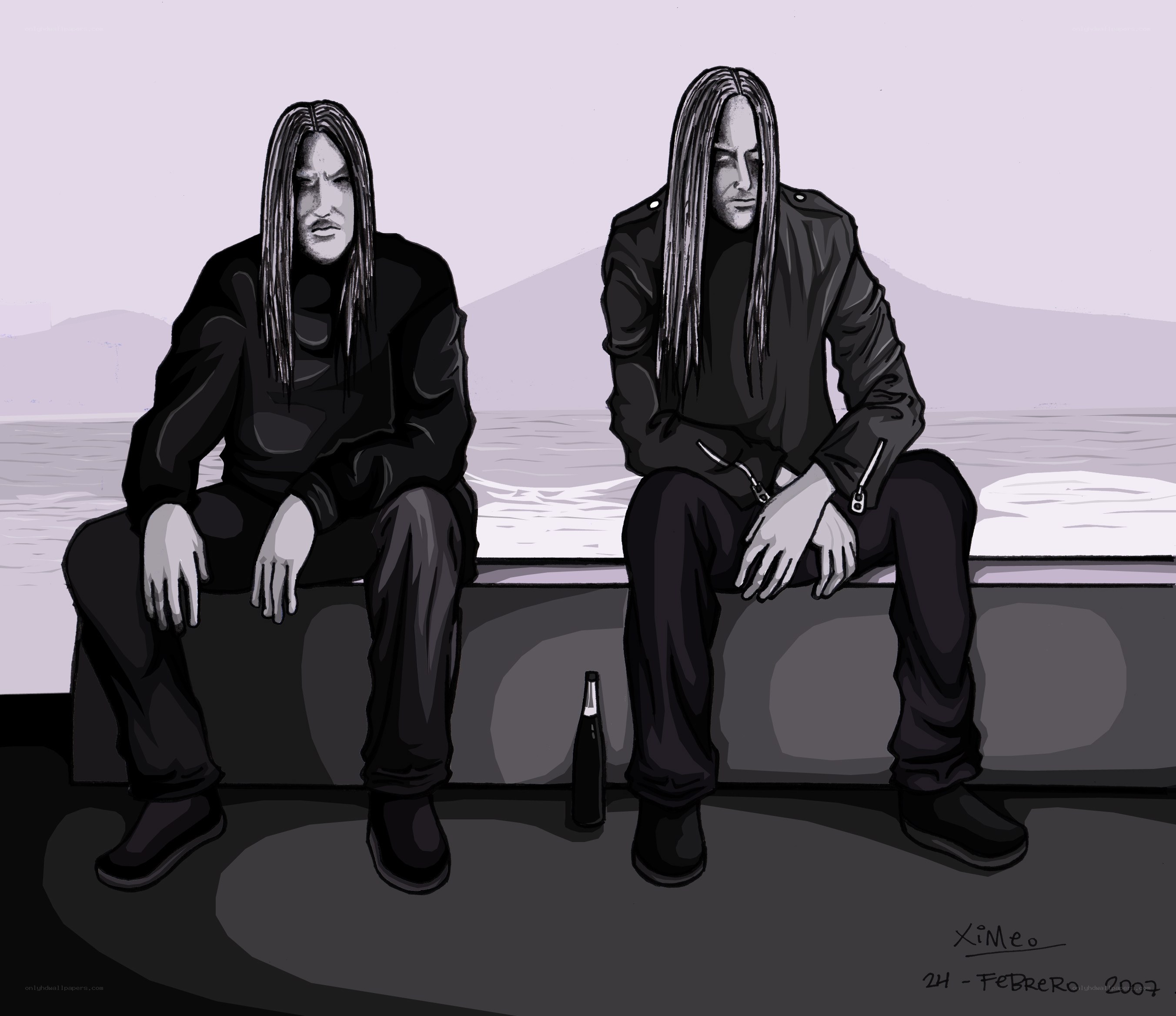 Two men sitting by the water