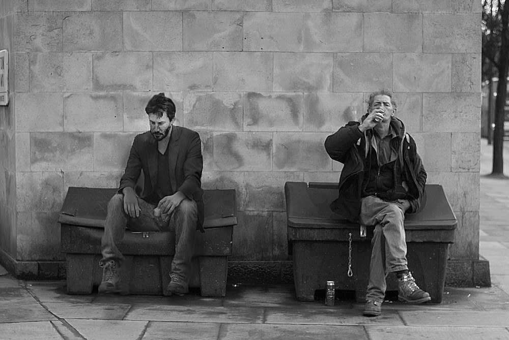 Two men sitting on benches