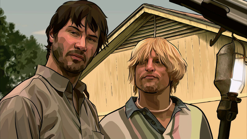 Two men standing outside a shed