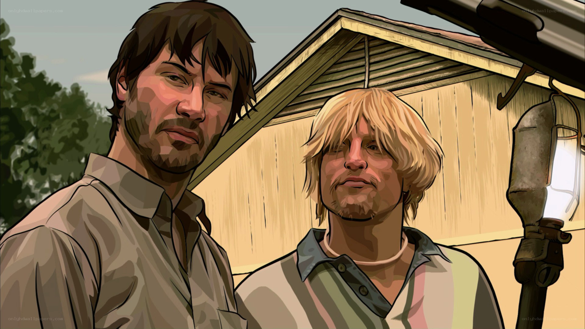 Two men standing outside a shed