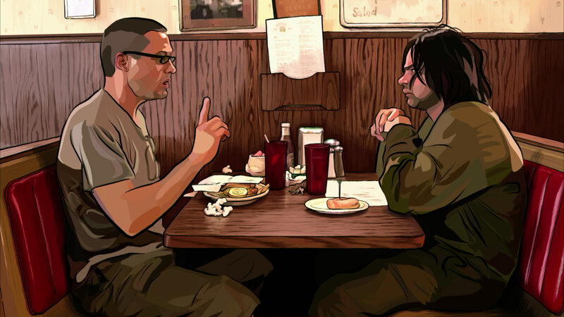 two men talking in a diner