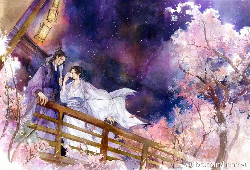 Two men under cherry blossoms