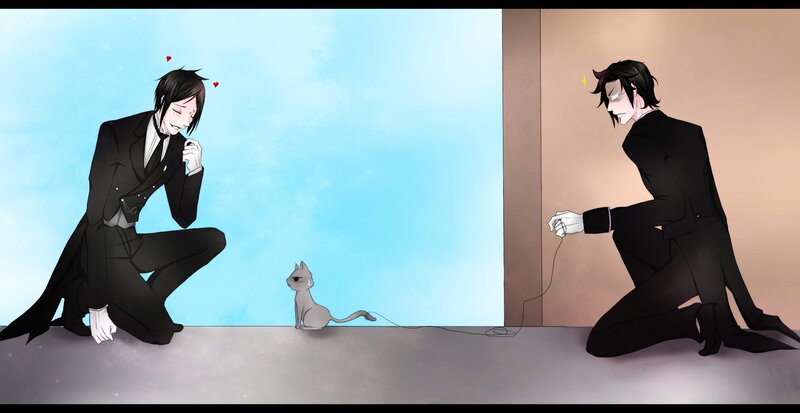 Two men with a cat