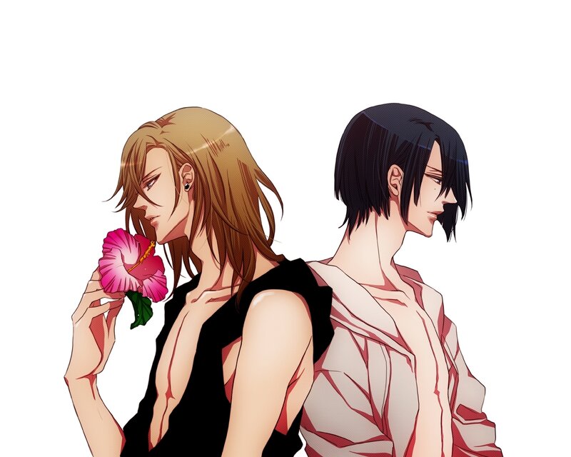 Two men with a flower