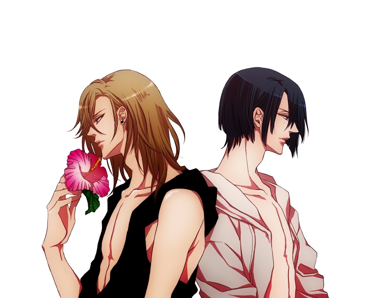 Two men with a flower