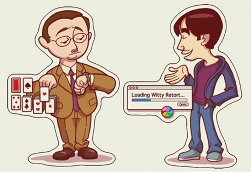 Two men with cards and computer