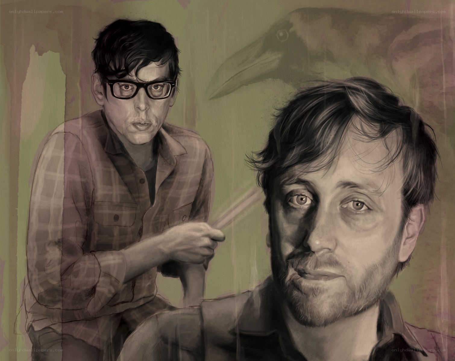 two men with glasses and a crow