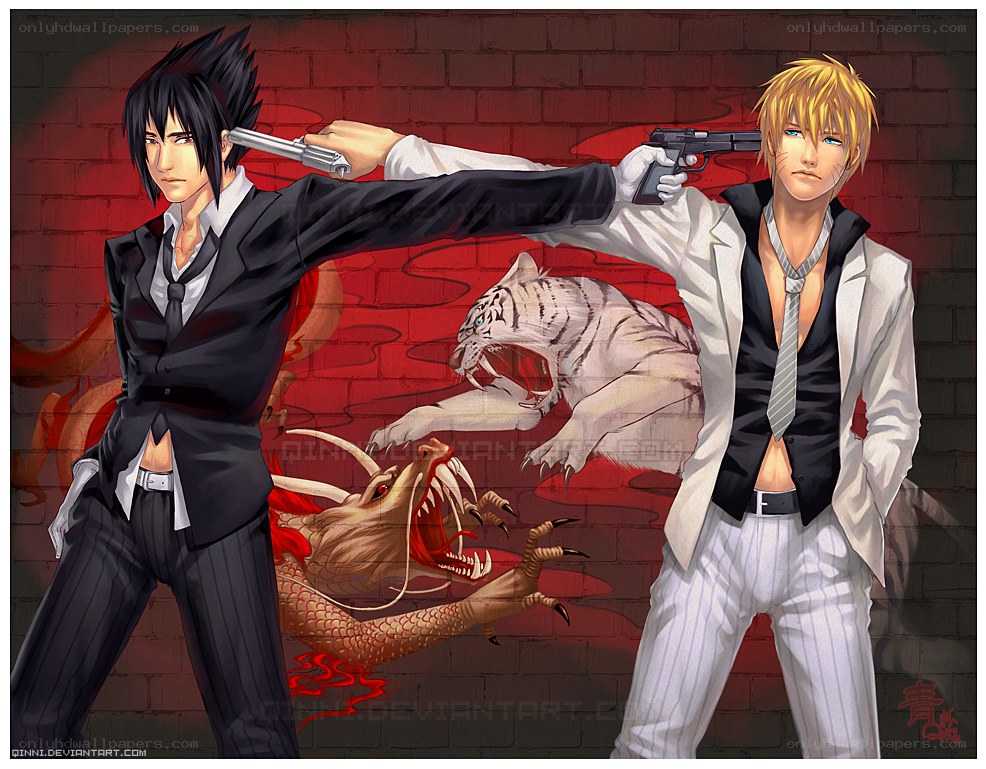 Two men with guns and mythical beasts