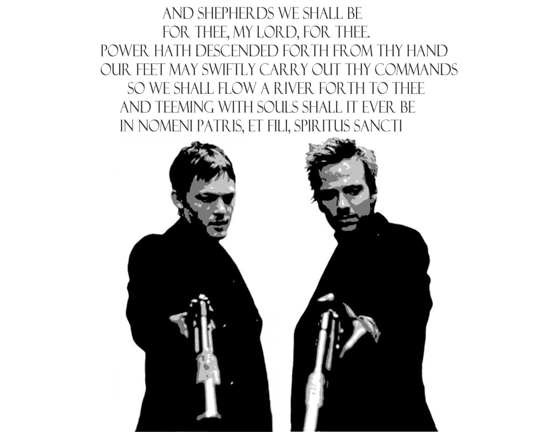 Two men with guns and text