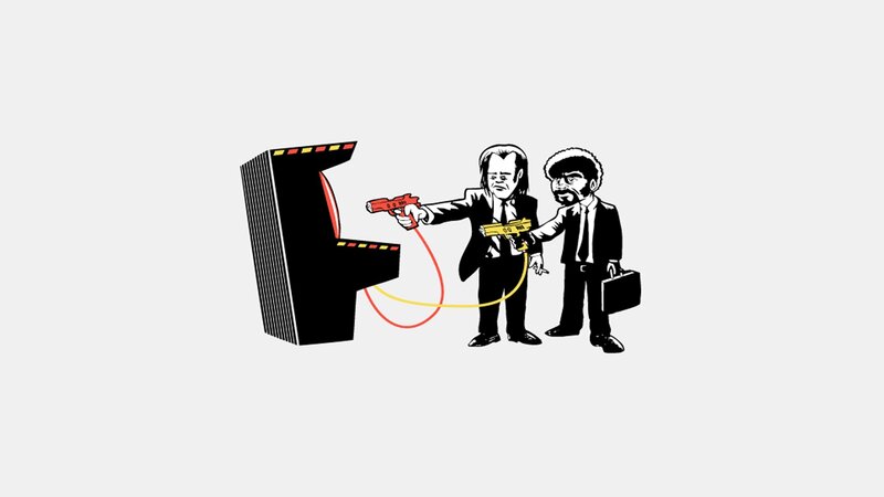 Two Men with Guns — Black, Dramatic, Illustration, Arcade Machine, Briefcase